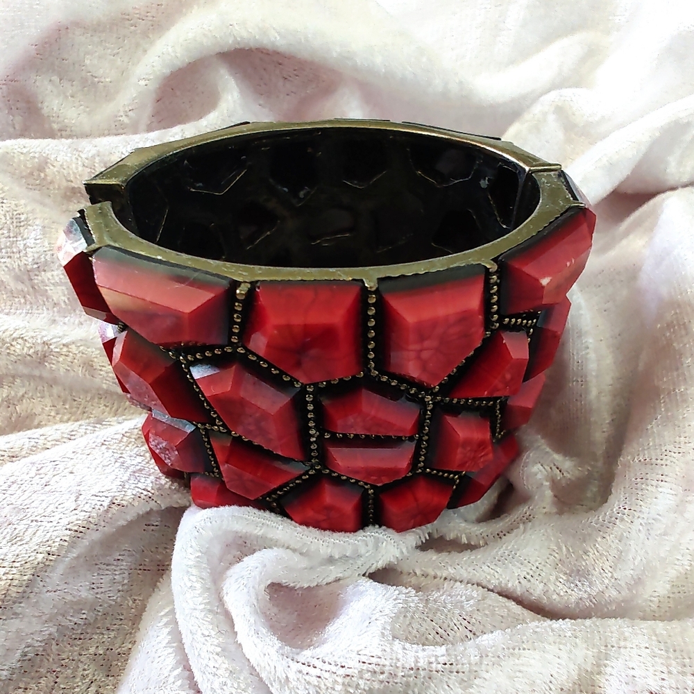 Vintage Red Acrylic & Bronze/Gold Tone Statement Clamper Style Bracelet
